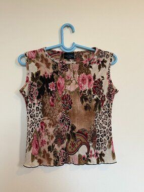 Vintage Y2K Floral Leopard Mixed Print Mesh Tank Petite